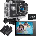 Action Camera FHD 1080P with 32GB Card, 98FT/30M Underwater Waterproof Camera with 2 Rechargeable Batteries, Wide Angle Sports Camera with Accessories Kit Suitable for Helmet, Bicycle, etc.