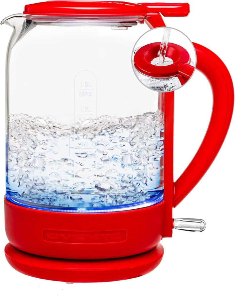 OVENTE Electric Kettle with 1.5L Borosilicate Glass, 1500W Fast Boiling Water Heater for Coffee or Tea, Easy to Fill Lid, Auto Shut-Off, Boil-Dry Protection & Stainless Steel Filter, Red KG516R