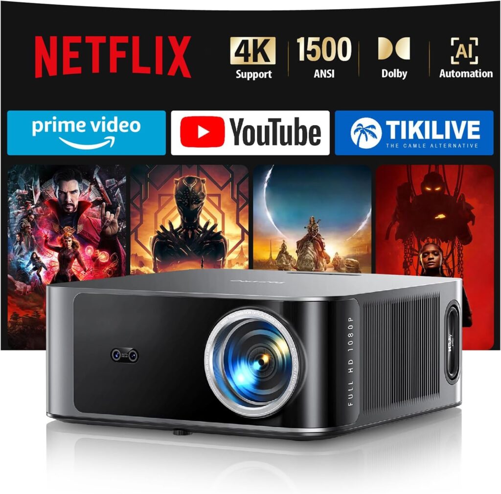 [1500 ANSI/Netflix-Licensed/36W Dolby Audio] Smart-Projector with WiFi 6 and 2-Way Bluetooth, Auto Focus & Keystone, TOPTRO X9 4K Supported Outdoor Movie Projector, Gray