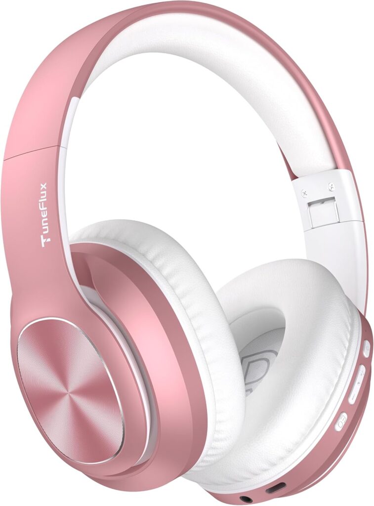 TuneFlux Wireless Bluetooth Headphones Over Ear, 80H Playtime, 3EQ Sound Modes, HiFi Stereo Headphones with Deep Bass, Foldable Bluetooth 5.3 Headsets for Smartphone/PC/Computer-Rose Gold