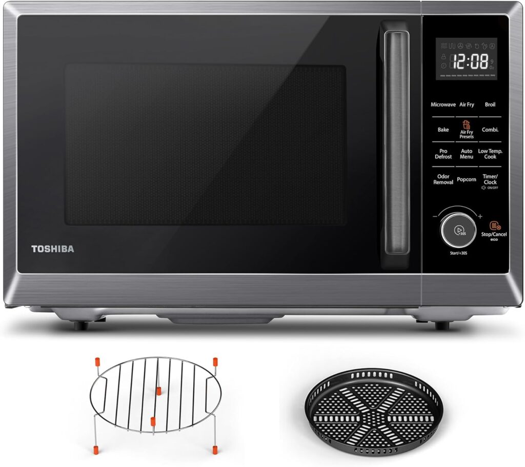TOSHIBA Combo 8-in-1 Countertop Microwave Oven, with Convection, Broil, Odor Removal Mode, 12.4″ Position Memory Turntable, Child-Lock, Black Stainless Steel, ML2-EC10SA(BS) A, Air Fryer-1.0 Cu.Ft