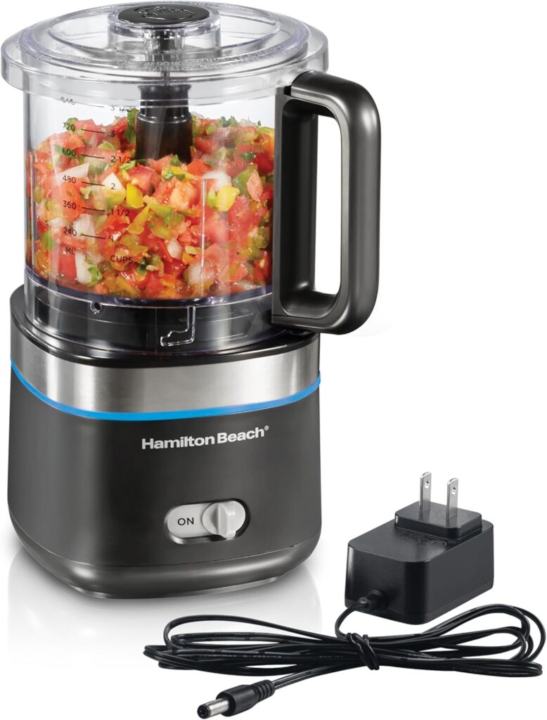Hamilton Beach Powerful Cordless Mini Food Processor and Vegetable Chopper, 4 Cup Capacity, Fast Recharging, Includes Power Adapter, Chop, Puree, Emulsify, Grind, Dishwasher Safe Bowl, Black (72880)