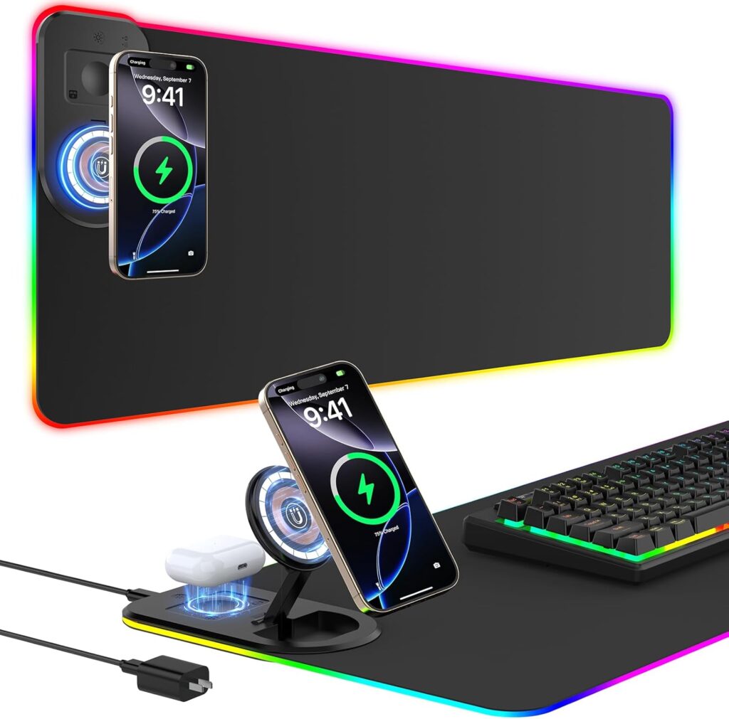 RGB Gaming Mouse Pad Wireless Charging Desk Mat with Foldable Phone Stand, Large LED Gaming Mat 800x350x4mm, 15 Light Modes, Waterproof, Keyboard Pad for PC Computer, Includes 20W PD Power Adapter