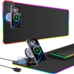 RGB Gaming Mouse Pad Wireless Charging Desk Mat with Foldable Phone Stand, Large LED Gaming Mat 800x350x4mm, 15 Light Modes, Waterproof, Keyboard Pad for PC Computer, Includes 20W PD Power Adapter