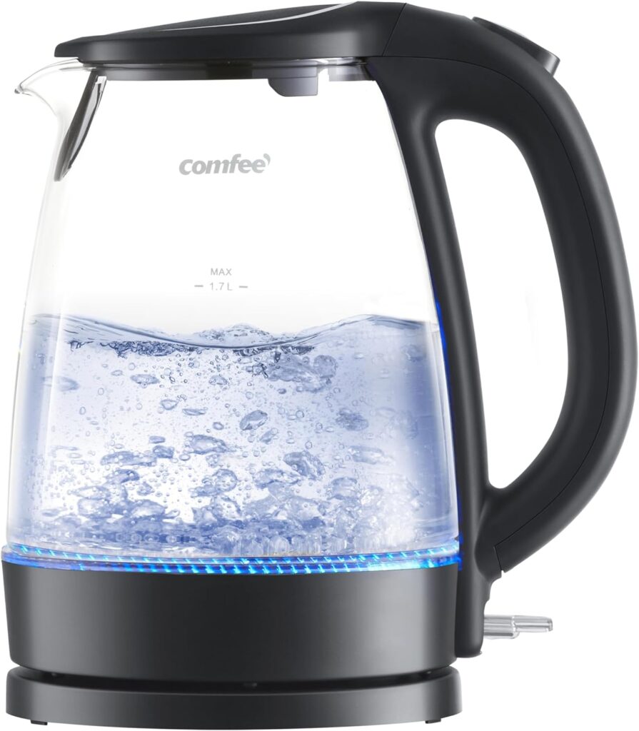 COMFEE’ Electric Kettle, 1.7L Hot Water Boiler, 1500W Fast Boil, Glass Electric Tea Kettle with LED Indicator, Auto Shut-Off and Boil-Dry Protection, BPA Free