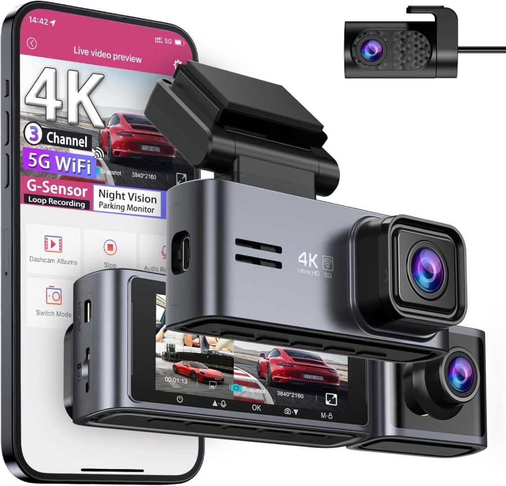 OMBAR Dash Cam 5G WiFi GPS, 3 Channel Dash Cam Front and Rear Inside 2K+1080P+1080P, 3.18″ LCD Screen, 64GB Card Included, Dual Dash Camera for Cars 4K/2K/1080P+1080 P IR Night Vision, WDR, G-Sensor