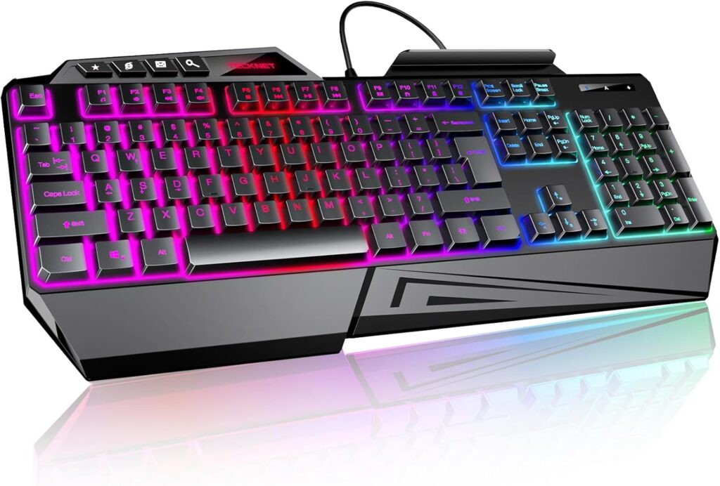 TECKNET Wired RGB Gaming Keyboard – 26-Key Anti-Ghosting, 13 Lighting Modes, Spill-Resistant, 108 Membrane Keys, Plug & Play – with Ergonomic Wrist Rest & Phone Holder for Windows/Mac (Black)