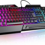 TECKNET Wired RGB Gaming Keyboard – 26-Key Anti-Ghosting, 13 Lighting Modes, Spill-Resistant, 108 Membrane Keys, Plug & Play – with Ergonomic Wrist Rest & Phone Holder for Windows/Mac (Black)