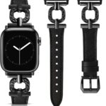 Minyee Leather Band Compatible with Apple Watch Bands 41/40/38/42/44/45/46/49mm Women, Dressy Slim Thin Top Grain Premium Leather Scrollwork Strap for iWatch Series 11 10 9 8 7 6 5 4 Ultra/SE 3 2 1