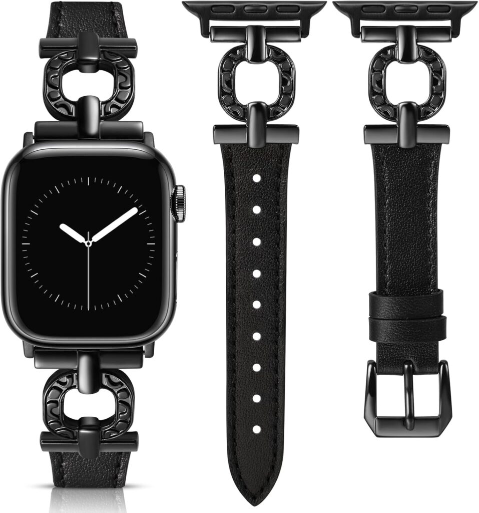 Minyee Leather Band Compatible with Apple Watch Bands 41/40/38/42/44/45/46/49mm Women, Dressy Slim Thin Top Grain Premium Leather Scrollwork Strap for iWatch Series 11 10 9 8 7 6 5 4 Ultra/SE 3 2 1