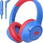 Kids Headphones for School, 85/94 dB Volume Limit, Wired Over Ear Headphones for Kids Boys Girls with Microphone, Foldable Stereo Sound 3.5mm Wired Cord for Kindle Tablet Airplane Travel, Blue