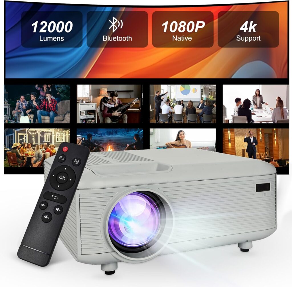 Projector,Mini Projector with Projector Stand,Bluetooth Projector 1080P Full HD Supported Portable Projector,Outdoor Projector for Home Theater, Projector Compatible with TV Stick, HDMI, Phone