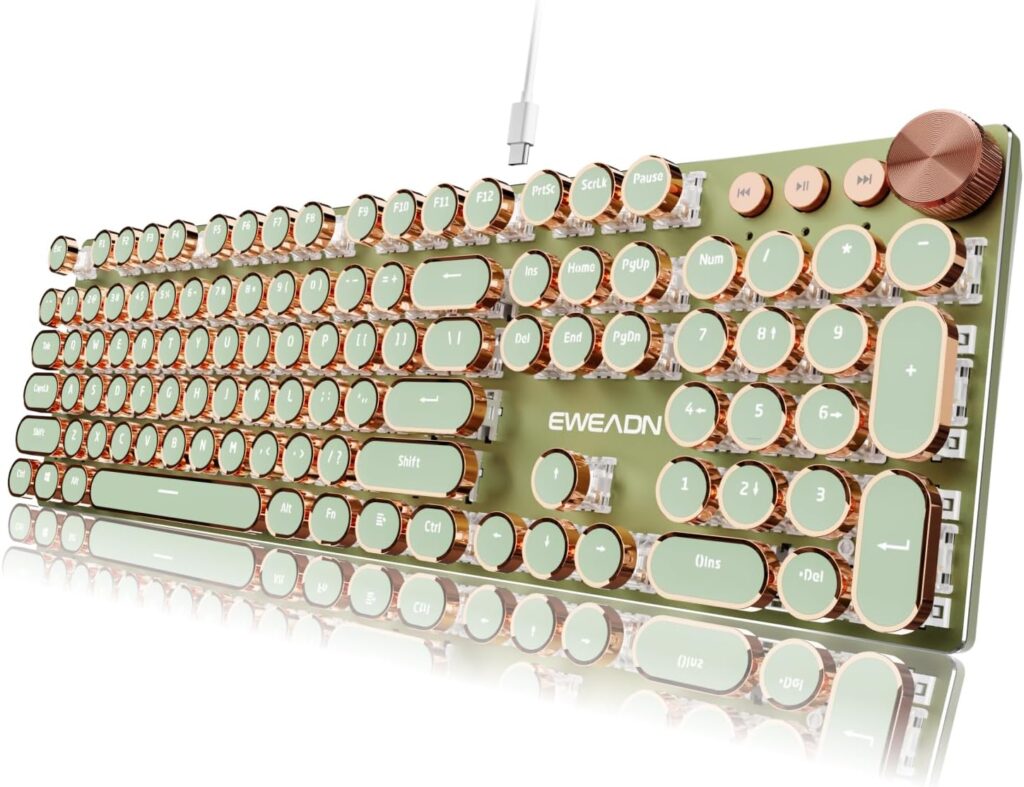 EWEADN Typewriter Style Mechanical Keyboard, Wired Typewriter Keyboards,104 Keys Backlit LED Metal Keyboards, Media Control Knob, Wired Computer Keyboard Pink Switch for Windows/Mac/PC-Green