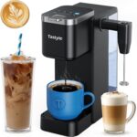 Single Serve Coffee Maker with Built-in Detachable Milk Frother, Iced and Hot Coffee Machine for K Cup & Grounds, 40oz Removable Water Reservoir, 6 Cup Sizes, Fits 7.3″ Travel Mug, Black
