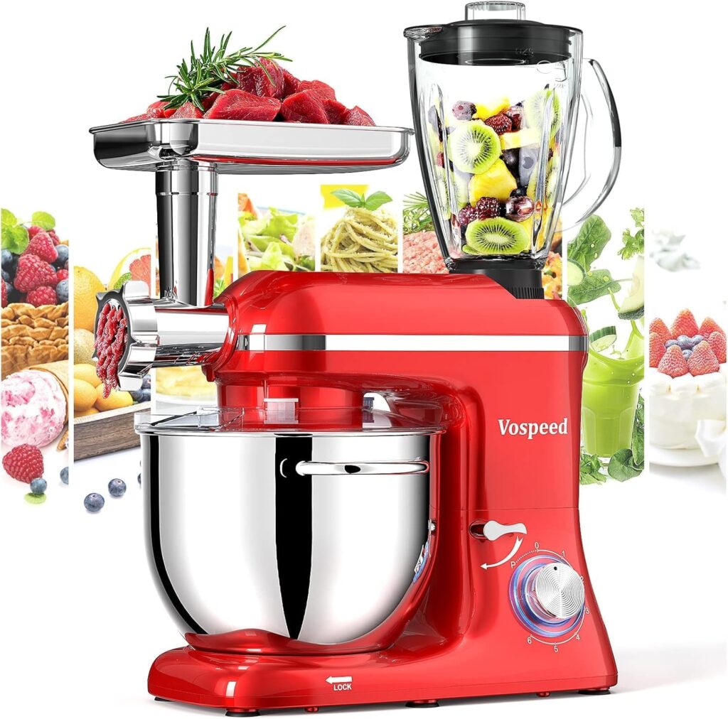 Vospeed 9 IN 1 Stand Mixer, 850W Tilt-Head Multifunctional Electric Mixer with 8 QT Stainless Steel Bowl, 1.5L Glass Jar, Meat Grinder, Hook, Whisk, Beater Dishwasher Safe (Red)
