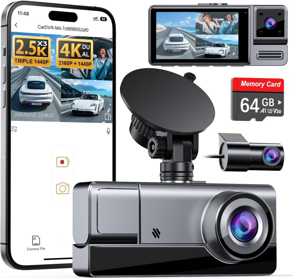 Icesky Three Channel Dash Cam Front and Rear Inside with WiFi 6, Triple Way 2.5K, 4K+2.5K Dual Dash Camera for Cars Front and Rear/Inside, Car Dashcams with 64GB Card, 24H Parking Mode, App Control