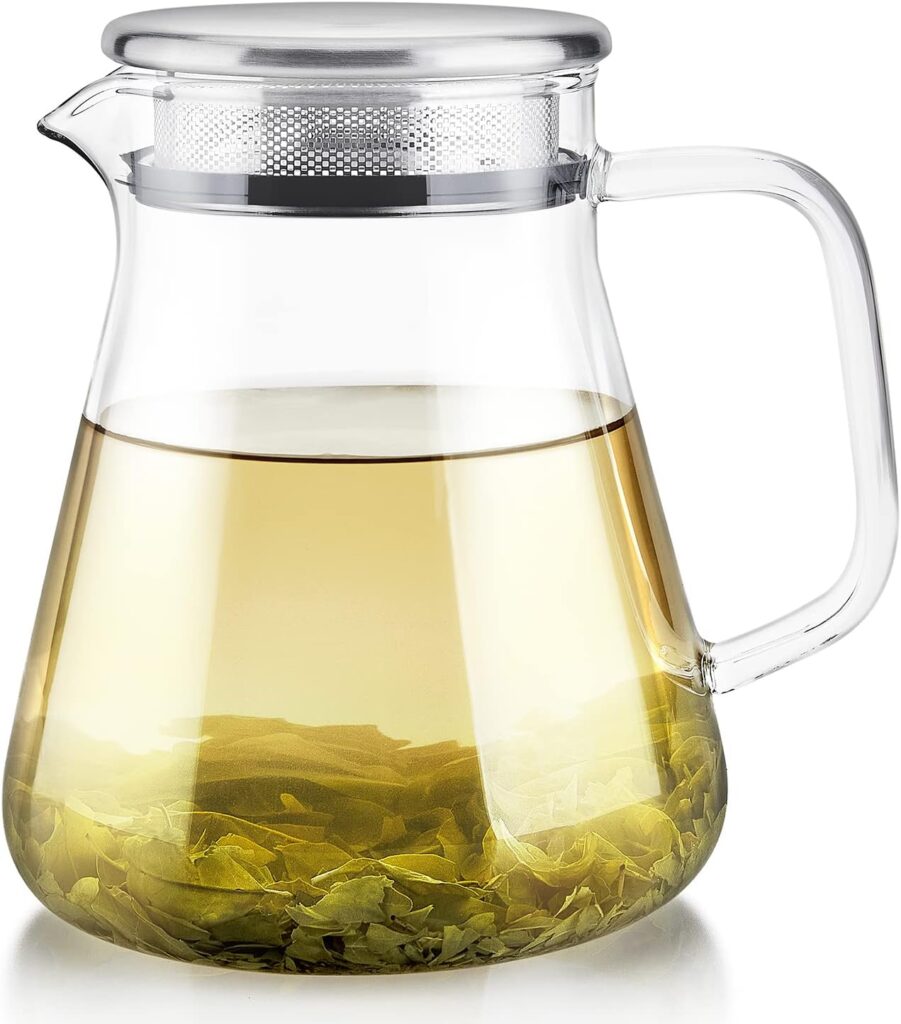 Teabloom One-Touch Tea Maker, 2-in-1 Teapot and Kettle with Stainless Steel Filter Lid for Loose Tea โ Stain-free Borosilicate Glass Teapot (27 Oz) โ Tea Connoisseur’s Choice