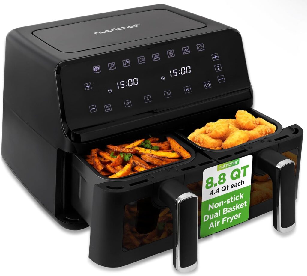 NutriChef Double Basket Air Fryer 8.8 QT | Family Size Oil Free Digital Cooker with Transparent Window | 9-1 Preset Cooking Options | 360° Hot Air Circulation Technology | 4.4 QTs per Basket | Black