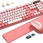 Wireless Keyboard and Mouse Combo, Blush Pink for Aesthetic Desk, Magnetic Wrist Rest, Full-Size Retro Typewriter Keyboard with Round Keycaps, Sleep Mode, 2.4GHz Cordless for Mac/Windows/PC, Trueque