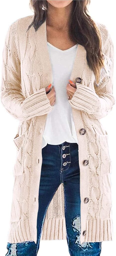 PRETTYGARDEN Long Sleeve Cable Knit Long Cardigan for Women 2025 Fall Winter Chunky Open Front Button Sweaters with Pockets