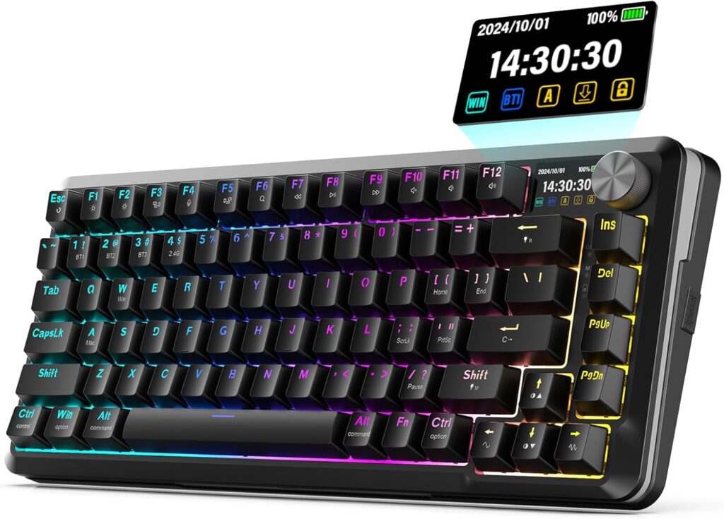 Redragon K708 Pro Wireless Mechanical Gaming Keyboard – Gasket-Mounted RGB Backlit, 81 Customizable Keys, 3-Mode (2.4G/Bluetooth/USB), Hot-Swap Pre-Lubed Switches, Screen & Control Knob – Black