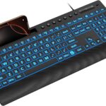 SABLUTE Large Print Backlit Keyboard, USB Wired Computer Keyboard with Backlight Memory Function, Wrist Palm, 7-Color Lighted Office Home Keyboards,Light Up Keyboard for Windows Desktop, Laptop, PC