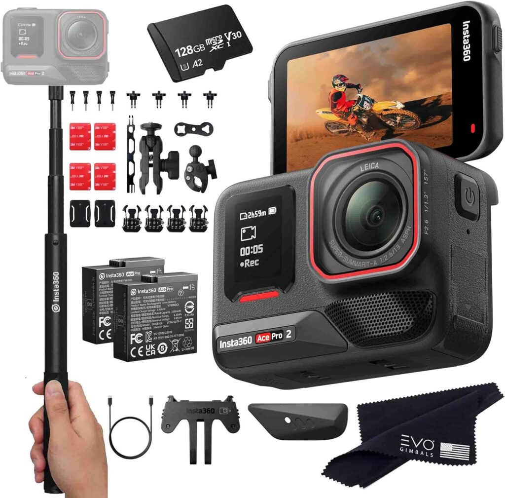 Insta360 Ace Pro 2 Motorcycle Bundle- 8K Waterproof Action Camera Co-Engineered with Leica, Flagship 1/1.3″ Sensor, 8K30, 2.5″ Flip Screen|Includes Motorcycle Bundle, Invisible Selfie Stick (128GB)