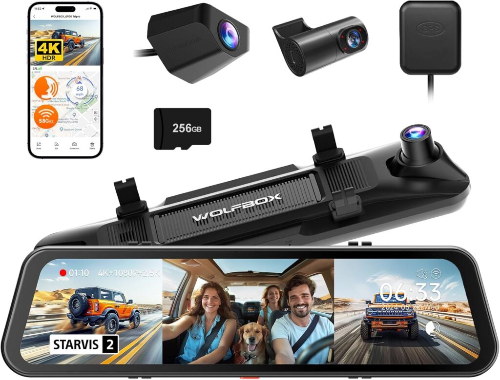 WOLFBOX G900 Tripro Cabin Version 3 Channel 4K Rear View Mirror Camera, STARVIS 2 IMX678 Night Vision,4K+1080P+2.5K Front Inside and Rear Mirror Dash Cam,5.8GHz WiFi,Voice Control,Includes 256GB Card
