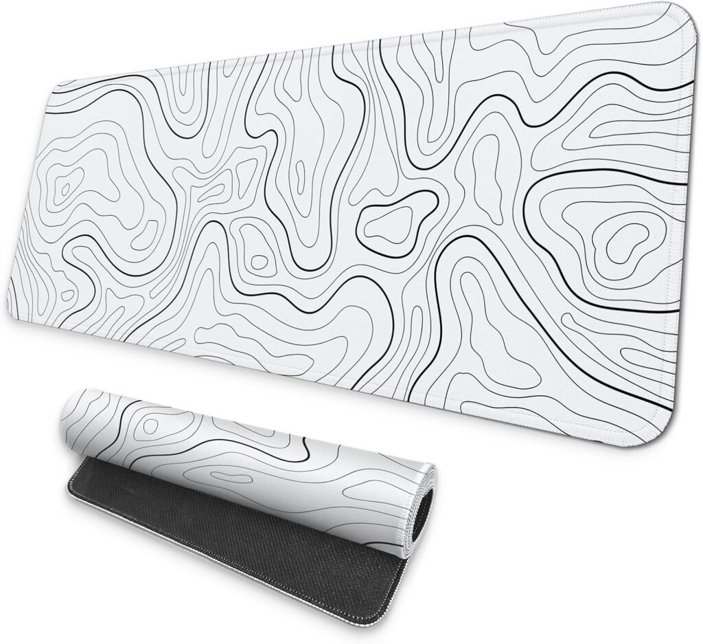 MAY FLOWER Large Gaming Mouse Pad, Full Keyboard Mat, Long Laptop Mousepad, Computer Mouse Mat for Home and Office, Anti-Slip Rubber Base, 31.5 x 11.8 Inches (Grey White Topographic Map)