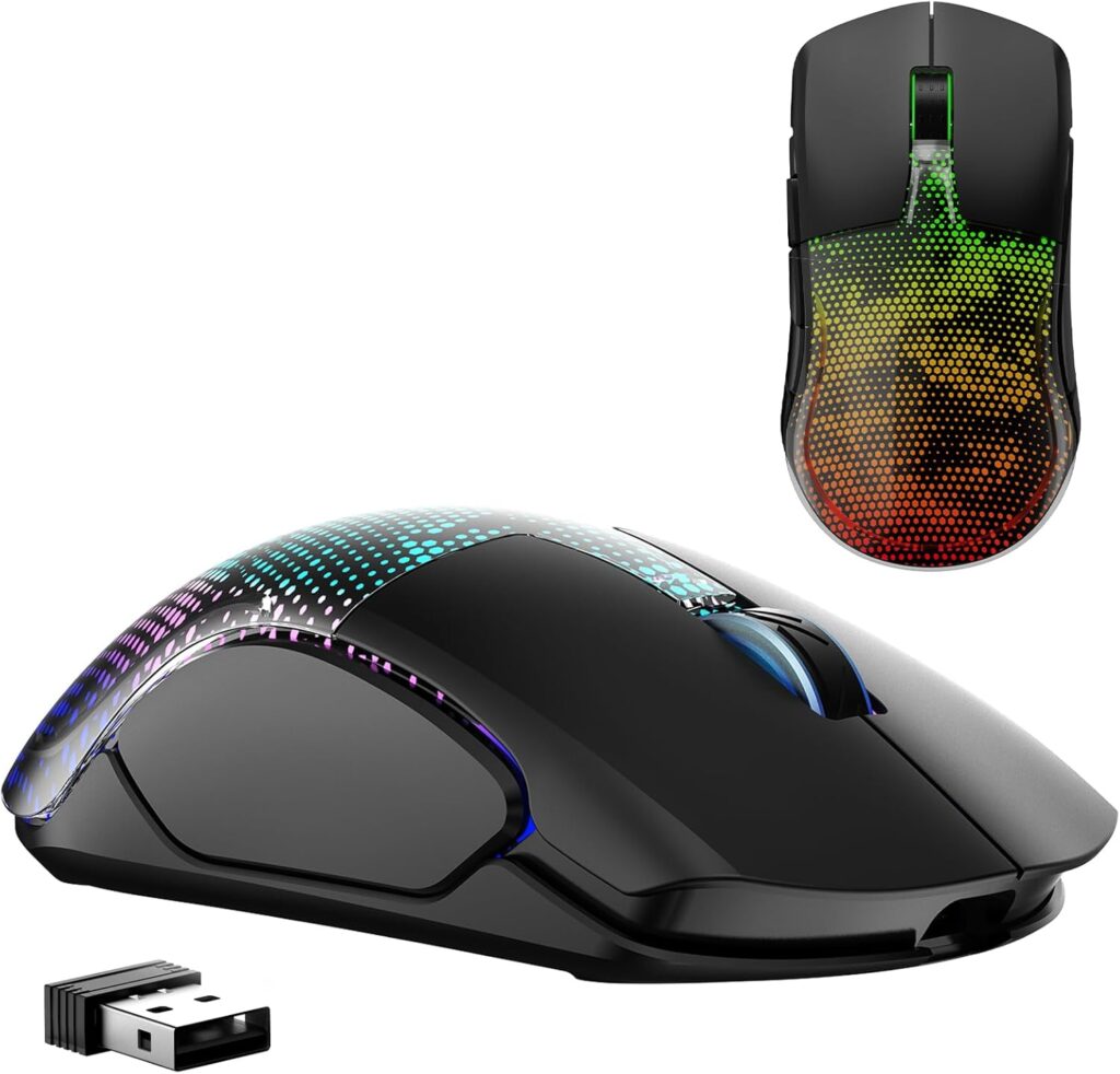 FFJ Master02 Wireless Gaming Mouse, 12000 DPI, Tri-Mode 2.4G/USB-C/Bluetooth 5.3 Gaming Mouse, Python Skin Texture RGB Backlit, 6 Programmable Buttons, 75Hr Battery Life for PC, Mac, PS5, XBOX – Black