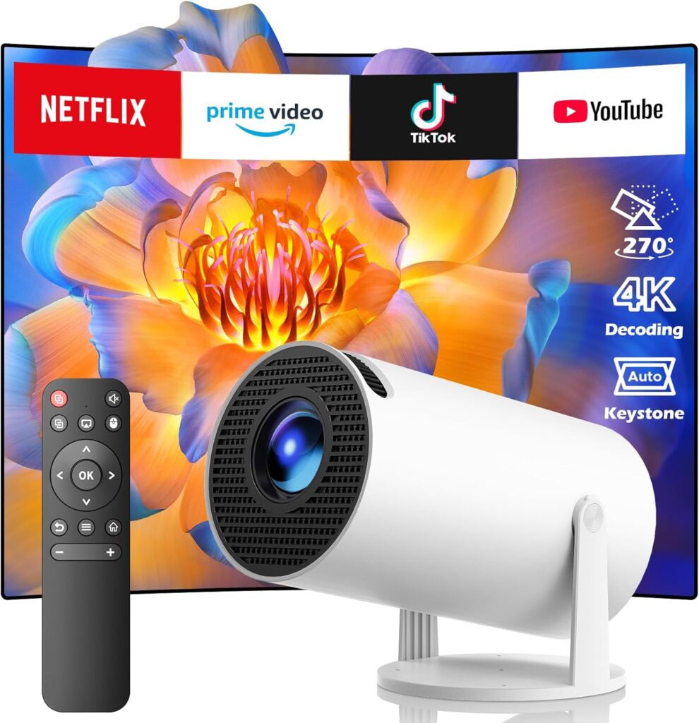 Mini Projector with WiFi and Bluetooth 2025, 4K Support Android 11.0 Portable Movie Projector, 270° Rotation Automatic Vertical Keystone Correction, Compatible with iphone/TV Stick/HDMI/USB/Laptop