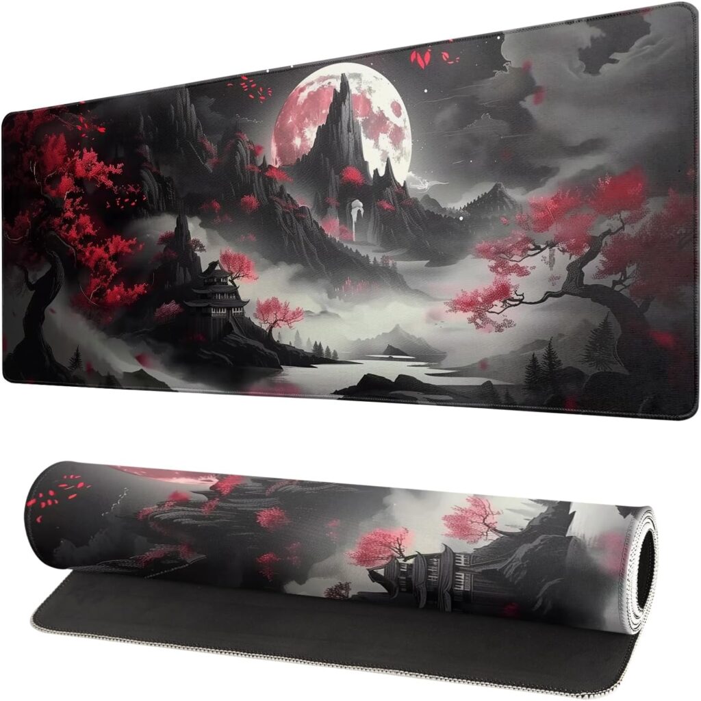 Japanese Desk Mat Red Full Moon Desk Pad Black Riverside Large Mouse Pad Gaming Mousepad Extended XL Keyboard Pad 31.5 x 11.8 in Laptop Computer Mouse Keyboard Mat for Office Desk Decor