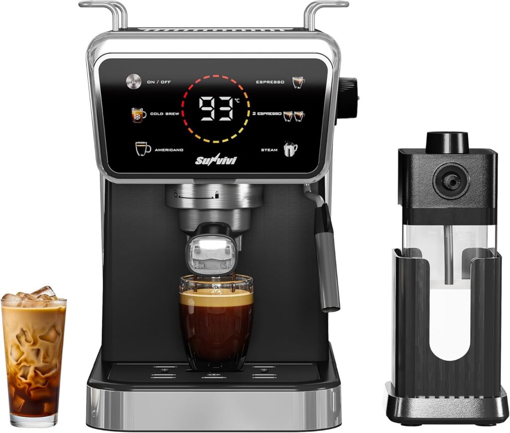 SUNVIVI 20 Bar Espresso Machine for Home and Office, 3-in-1 Iced Coffee Maker with Milk Frother, Espresso Shot & Iced Coffee, LED Touchscreen, 52OZ Removable Water Tank, Professional Coffee Brewing