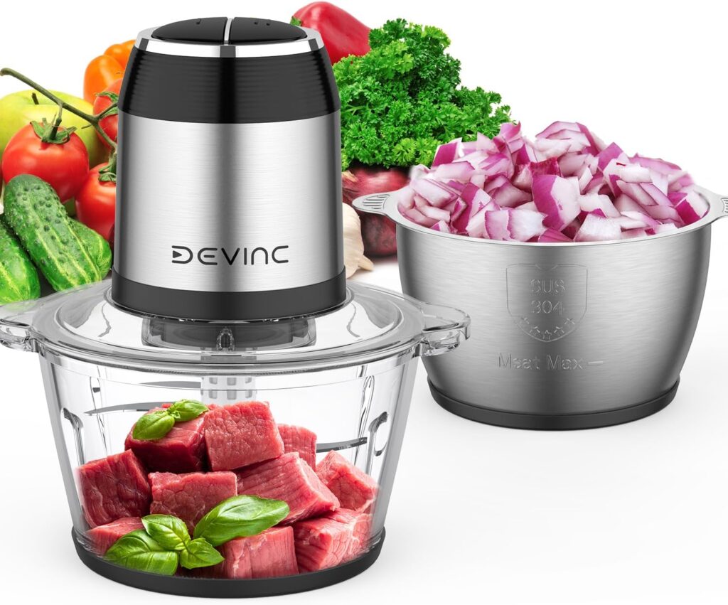 EVINC Food Processor Electric Food Chopper with 2 Sets of Bi-Level Blades New Food Processing Bowls with 2 bowls gray black