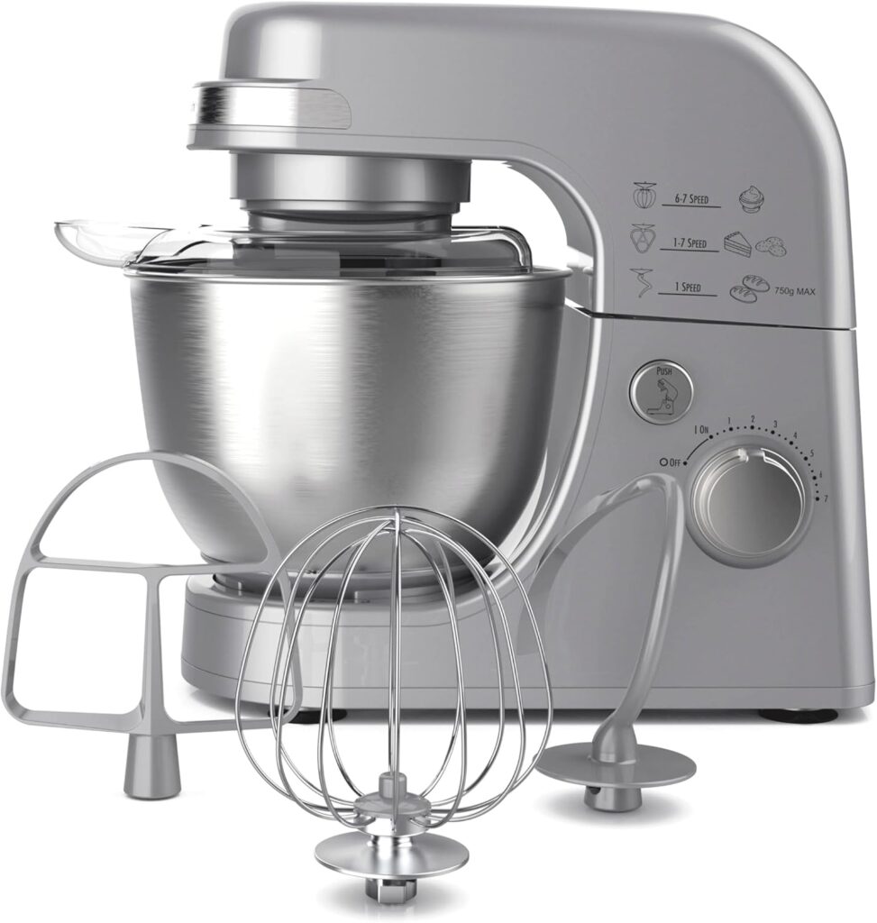 Hamilton Beach Electric Stand Mixer, 4 Quarts, Dough Hook, Flat Beater Attachments, Splash Guard 7 Speeds with Whisk, Silver