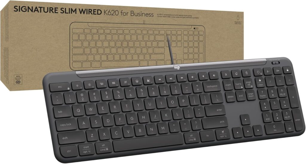 Logitech Signature Slim Wired K620 for Business, Full-Size Keyboard, USB-C Plug-and-Play, Laptop-Style, Scissor Keys, Windows/Mac/Chrome/PC/laptops – Graphite