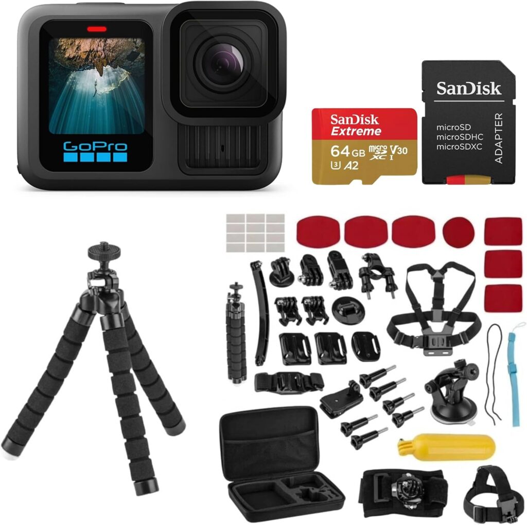 GoPro HERO13 Black – Waterproof Action Camera with 5.3K60 Video, 27MP Photo, Bundle with Froggi Extreme Sport 47-pc Accessories Kit, 64GB microSD Card (HERO13 Black)