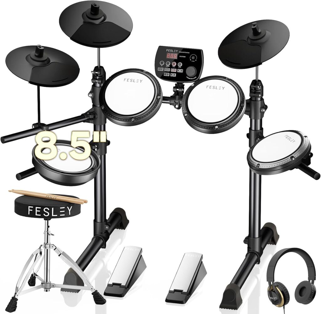 Fesley FED150W Electric Drum Set: Dual Zone Snare Drum,2 Cymbals w/Choke, 200 Sounds, 4 Quiet Mesh Drum Pads, Portable Electronic Drum Kit for Beginner, Bluetooth, MIDI, Throne, Headphone, Sticks