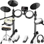 Fesley FED150W Electric Drum Set: Dual Zone Snare Drum,2 Cymbals w/Choke, 200 Sounds, 4 Quiet Mesh Drum Pads, Portable Electronic Drum Kit for Beginner, Bluetooth, MIDI, Throne, Headphone, Sticks