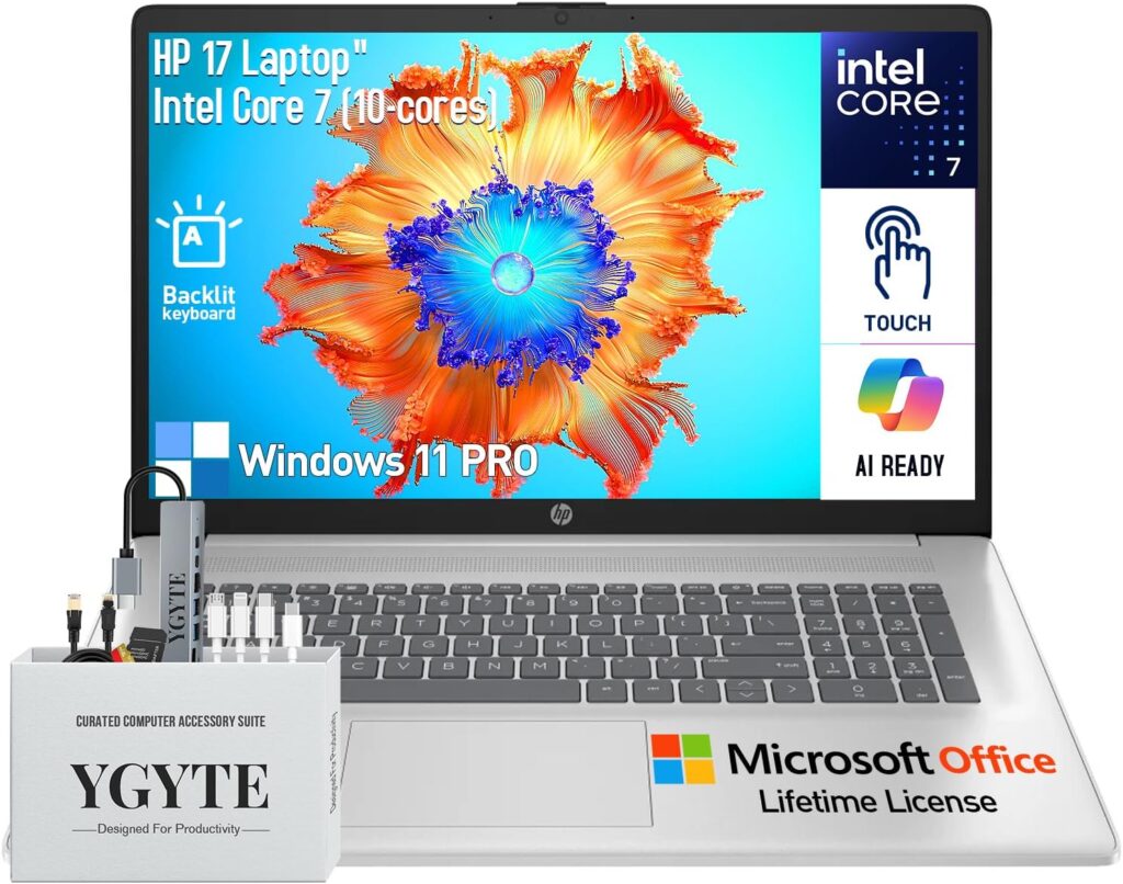 HP 17 Touchscreen Laptop Computer, 17.3″ HD+ Touch Screen Business Laptop, Intel Core 7 (Faster Than i7-1355U), 64GB RAM 2TB SSD+512GB Docking Set, Windows 11 Pro, Backlit Keyboard, 10-Key Number Pad