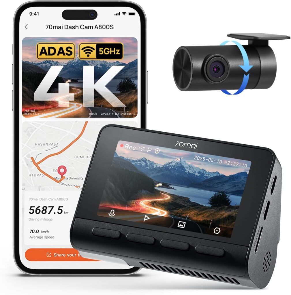 70mai 4K Dash Cam Front and Rear with STARVIS, Built in 5GHz WiFi & GPS Car Camera, Super Night Vision, ADAS, 3” IPS Screen, 24H Parking Mode, Time-Lapse, Loop Recording, Support 256GB Max (A800S)