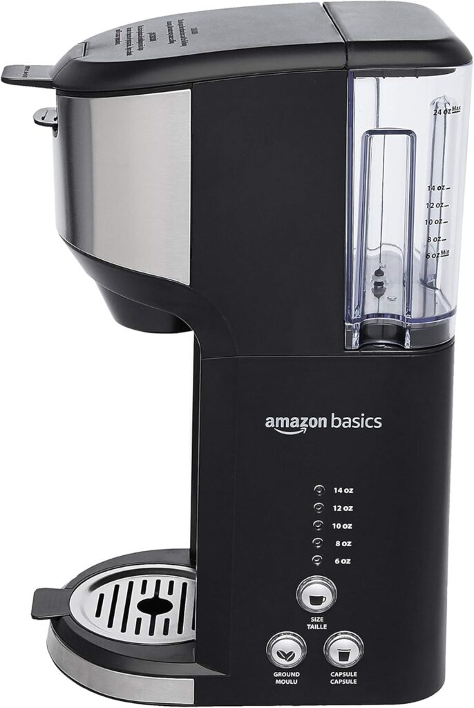 Amazon Basics Single Serve Coffee Maker K-Cup, 14 Oz, Black & Stainless Steel Machine, 5.98″D x 9.44″W x 14.17″H