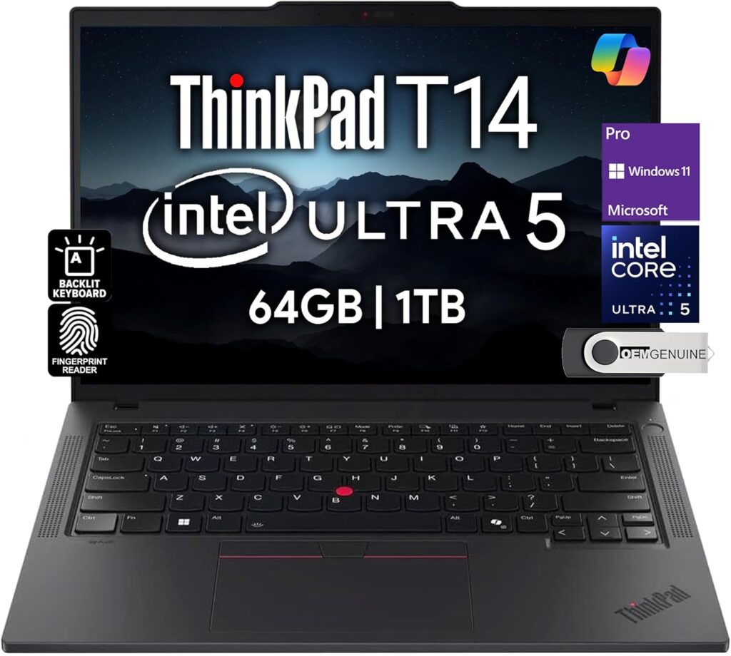 Lenovo ThinkPad T14 Gen 5 Business Laptop 14″ FHD+ IPS, Intel Ultra 5 125U, 64GB DDR5 RAM, 1TB SSD, 5MP HD Webcam, Fingerprint, Backlit, Wi-Fi 6E, 2 Thunderbolt 4, AI PC, W11P, 3 Yr Wty