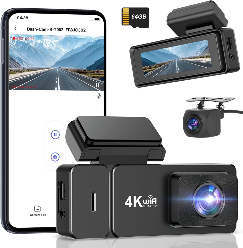 Dash Cam Front and Rear, 4K+1080P WiFi Dual Dash Cam, with Free 64GB Card, Dash Camera for Cars with APP, 2.99” IPS Car Camera, Night Vision, 170°Wide Angle, 24H Parking Mode, Loop Recording