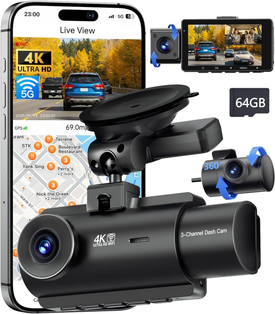 QCONTROL® 4K 5G WiFi 3 Channel Dash Cam Front and Rear Inside, 4K+1080P+1080P Dash Camera for Cars, GPS Dashcam, Car Camera with 3-Inch Screen, IR Night Vision, 24Hr Parking Mode, G-Sensor, 64GB Card