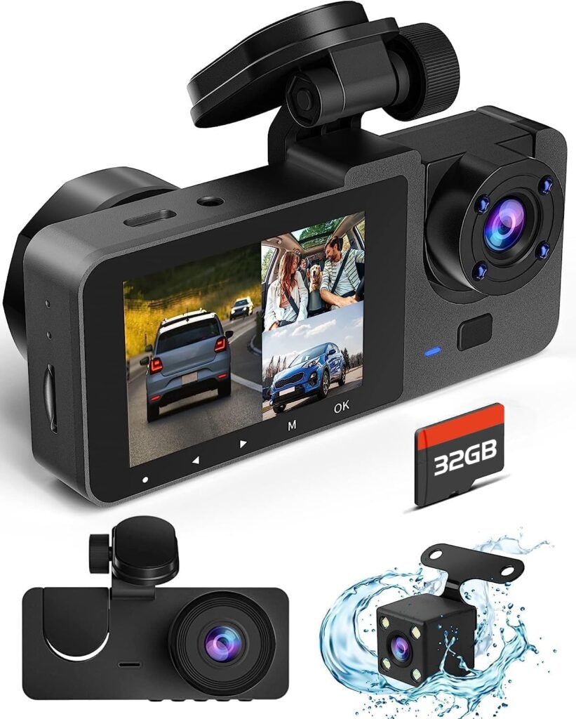 Dash Cam Front and Rear Inside, 4K Full HD Triple Dash Camera for Cars, Car Camera with 32GB Card,Built-in Loop Recording,G-Sensor,24H Parking Monitor,WDR,Accident Lock