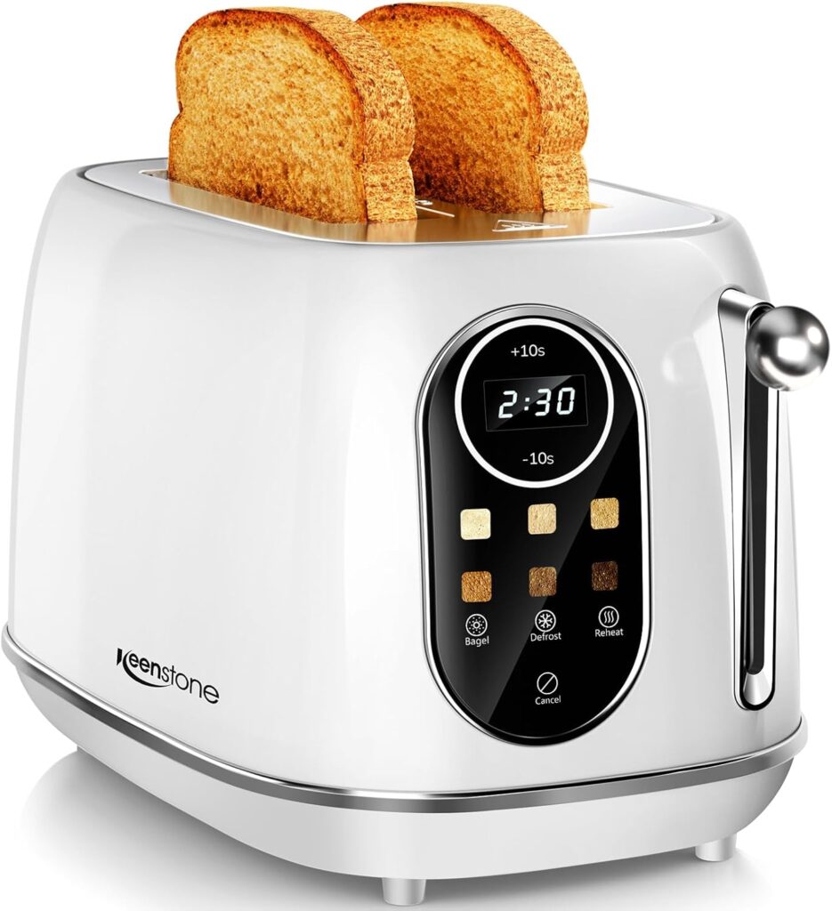Keenstone Smart Touch Screen Toaster 2 Slice, Retro Wide Slot Stainless Steel Toaster with 6 Browning Levels, Reheat & Defrost, for Bagel, Toast, Bread, Removable Crumb Tray, White