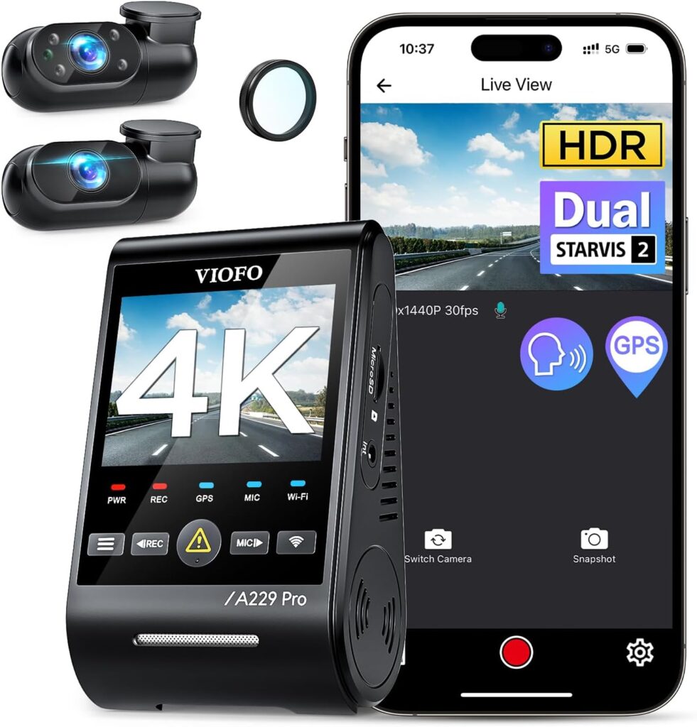 VIOFO A229 Pro 3 Channel 4K HDR Dash Cam, Dual STARVIS 2 Sensors IMX678 & IMX675, 4K+2K+1080P Front Inside and Rear Triple Car Camera, 5GHz WiFi GPS, Voice Control, 24H Parking Mode, Support 512GB