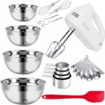 5-Speed Electric Hand Mixer, 4 Large Mixing Bowls Set, Handheld Mixers with Whisks Beater, Stainless Steel Metal Nesting Bowl Measuring Cups Spoons Kitchen Cake Blender for Baking Supplies