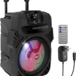 Pyle 400W Portable Bluetooth PA Loudspeaker – 8” Subwoofer System, 4 Ohm/55-20kHz, USB/MP3/FM Radio/ ¼ Mic Inputs, Multi-Color LED Lights, Built-in Rechargeable Battery w/ Remote Control -PPHP844B